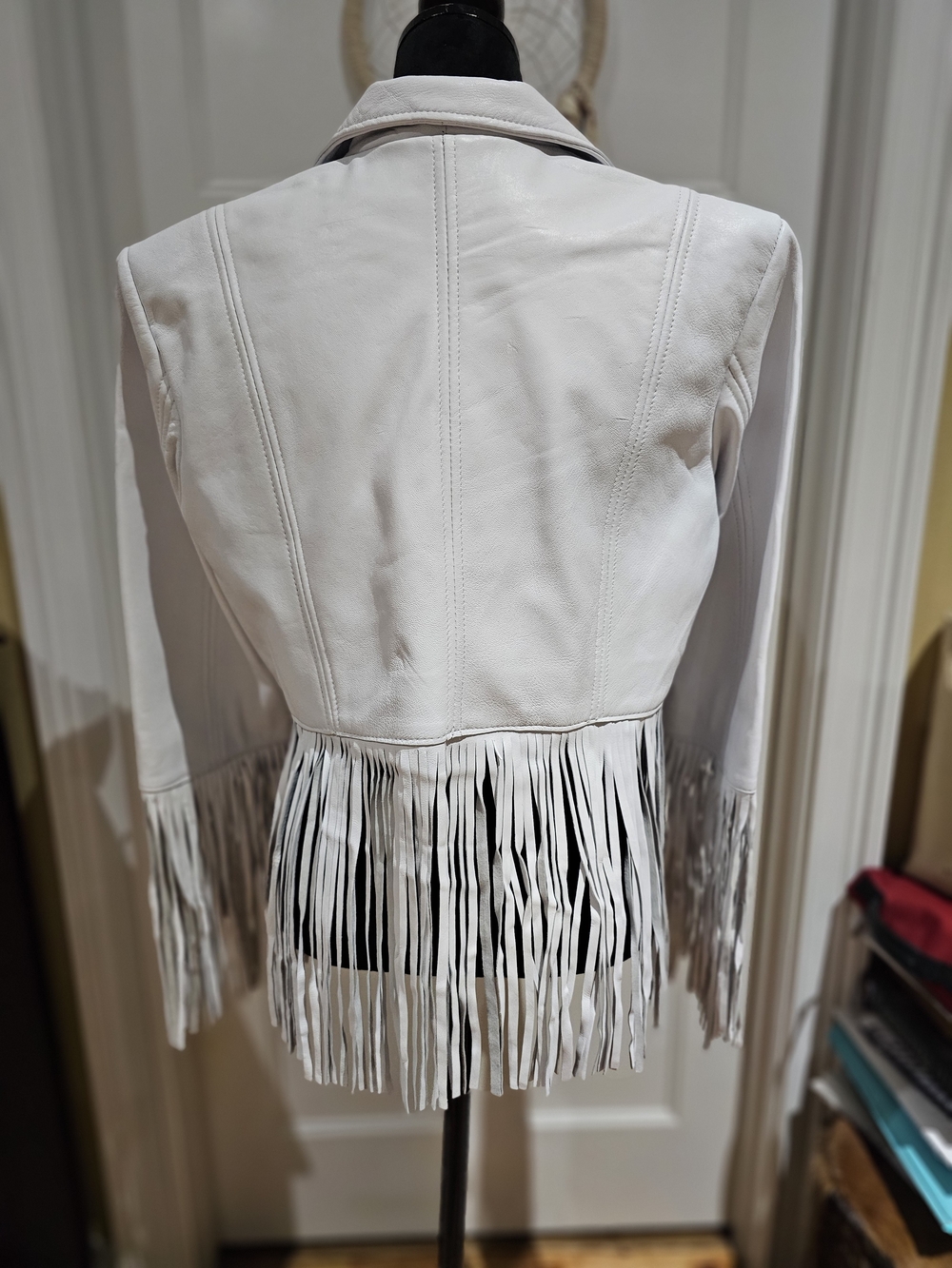 White Genuine Leather Fringe Blazer Jacket, NWT - Picture 2 of 7